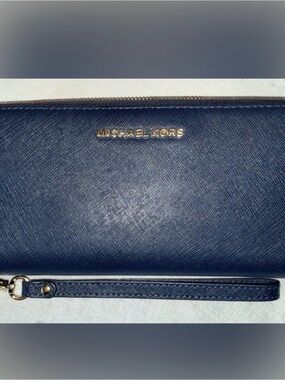 Michael Kors Navy Saffiano Leather Wristlet with Gold Logo